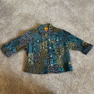 Ruby Rd. Jacket Womens 10P Blue Green Floral Leaf 7% Linen Sheer Roll Tab Sleeve